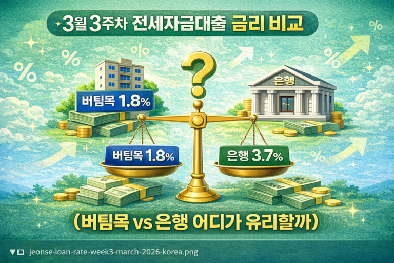 3월 3주차 전세자금대출 금리 비교 버팀목 대출 은행 대출 금리 차이 1점8퍼센트 3점7퍼센트