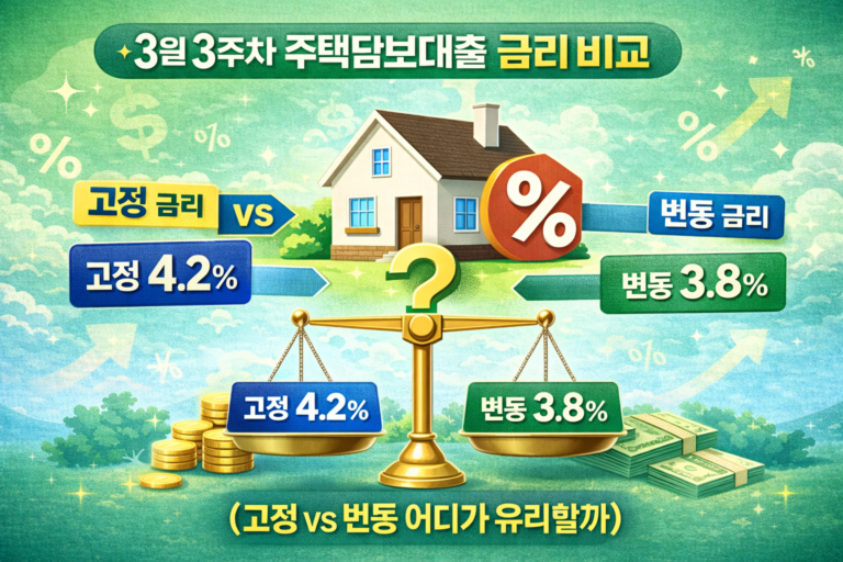 3월 3주차 주택담보대출 금리 비교 고정 금리 변동 금리 차이 분석 4퍼센트 3퍼센트
