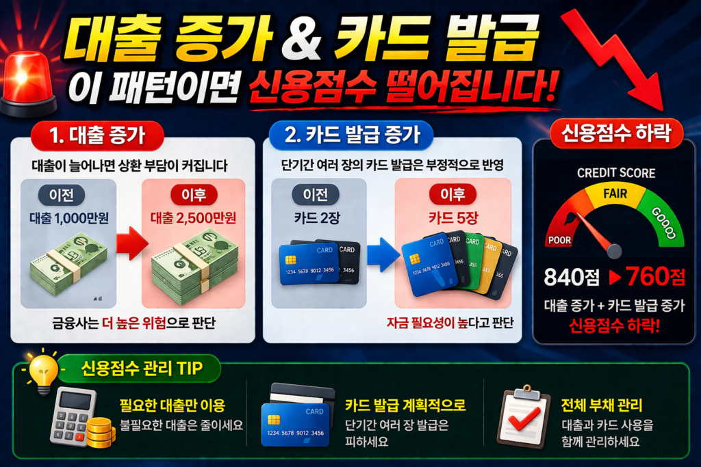 대출 증가와 카드 발급으로 신용점수 하락하는 패턴