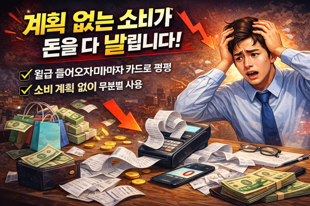 소비 관리 실패로 돈을 못 모으는 금융 초보 모습